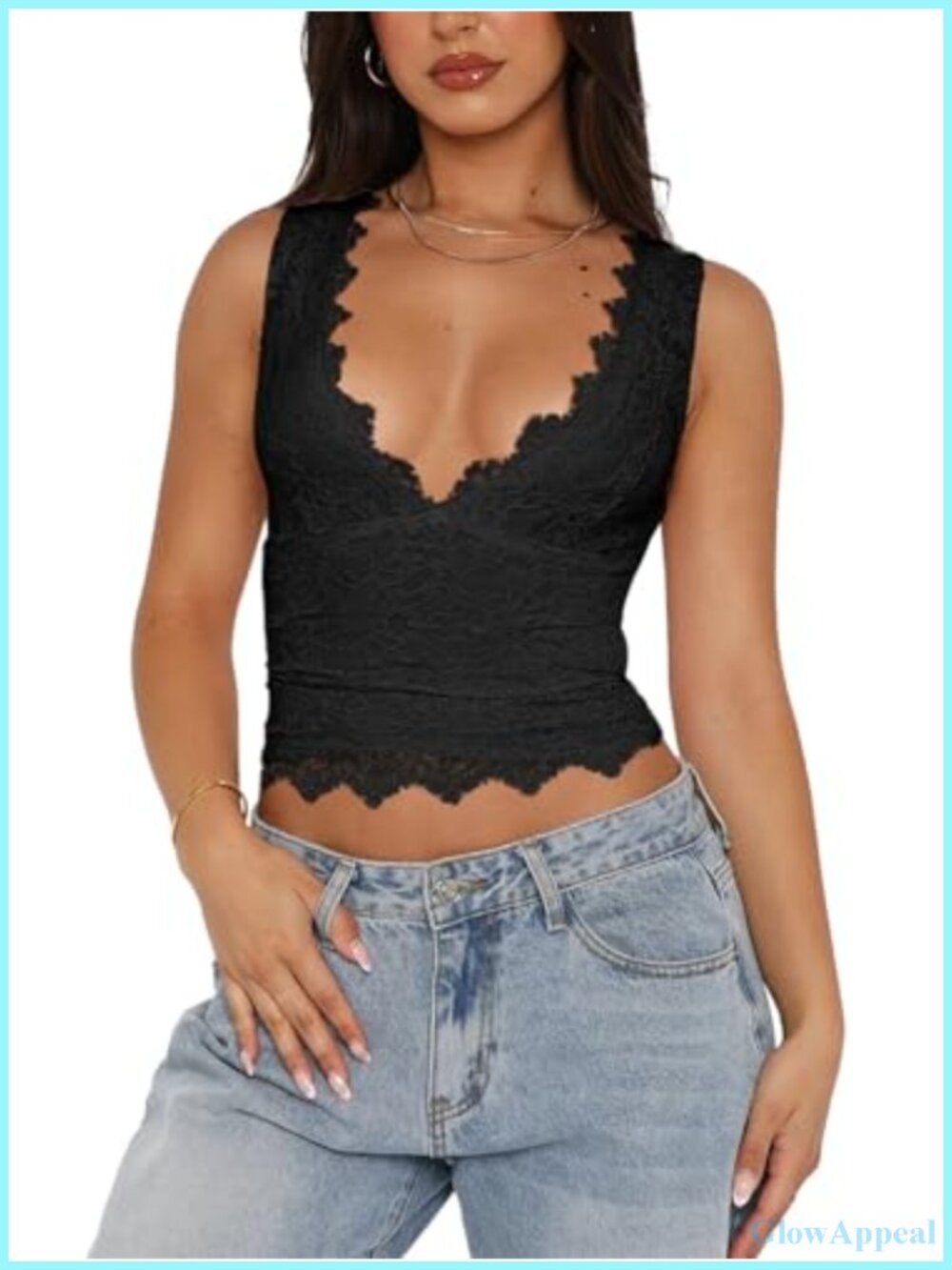 Sexy V-Neck Sleeveless Lace Cropped Tank Top Y2K Trendy Going Out
